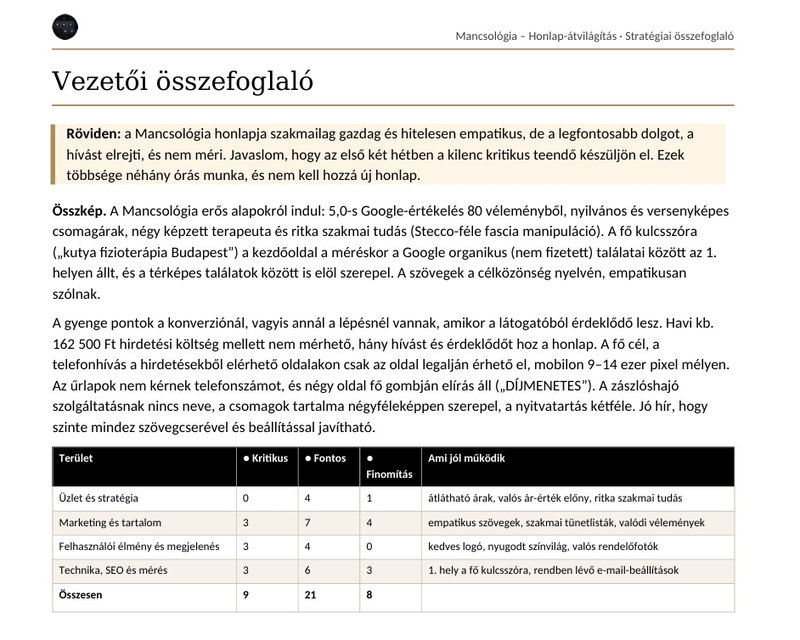 A stratégiai összefoglaló első oldala