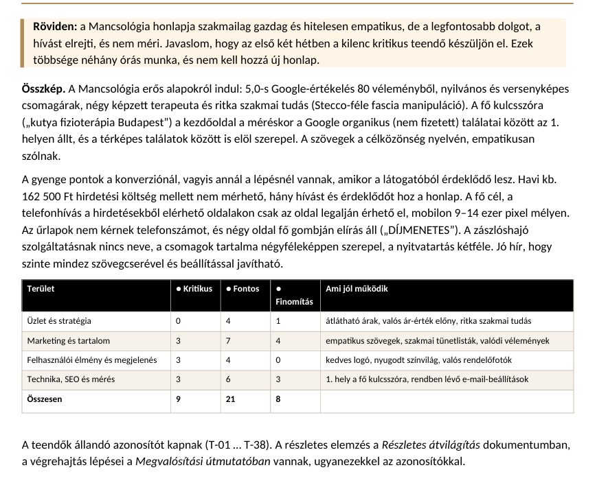 Részlet a Mancsológia weboldal-auditjából: összkép, és a teendők száma területenként